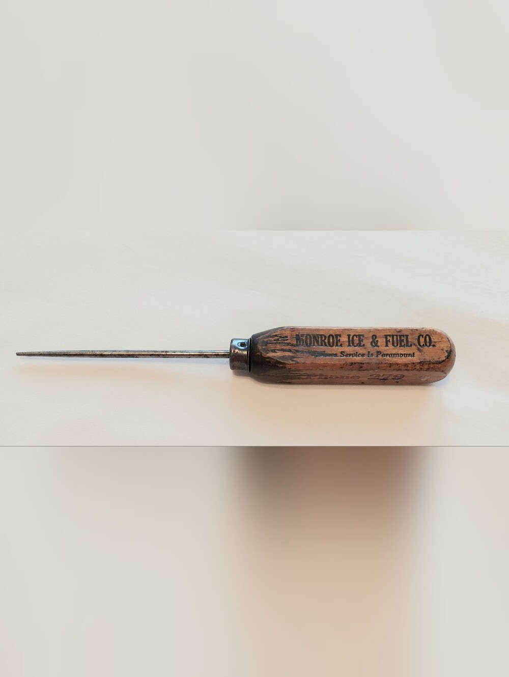 Vintage Ice Pick With Brown Wooden Handle  With Advertizing Message On Each Side